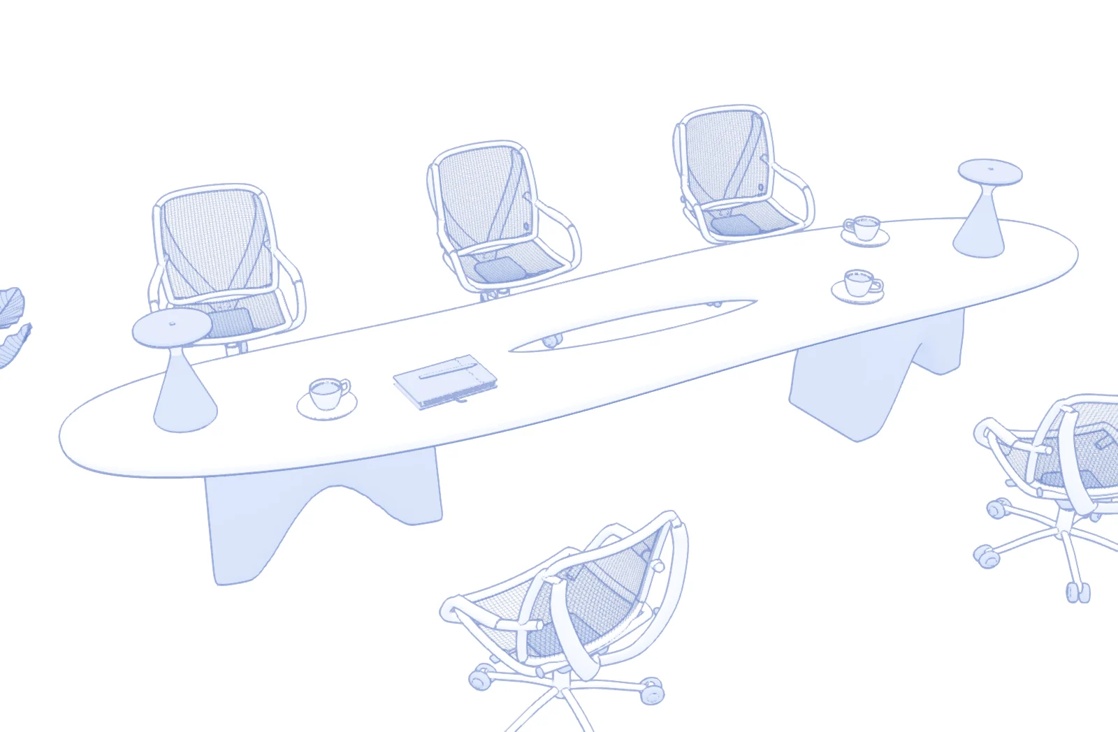 Blau-weiße 3D-Illustration: wachsender organischer Konferenztisch mit ovaler Öffnung, geschwungenen Sockeln, filigranen Netzstühlen, zwei konischen Tischleuchten mit flachem Schirm und einer Pflanze.